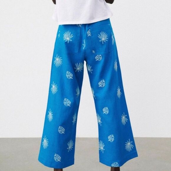 Zara Blue Embroidered Plants Wide Leg High Waist Cropped Linen Culottes Pants L - Picture 2 of 11